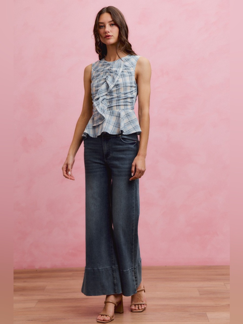 SO ME Plaid Sleeveless Ruffle Peplum Top - Blue 🛍️